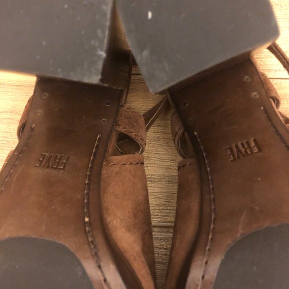Frye Dani Shield Sling Peep Toe Ankle leather suede cognac tan Booties, 9.5 - Picture 12 of 16